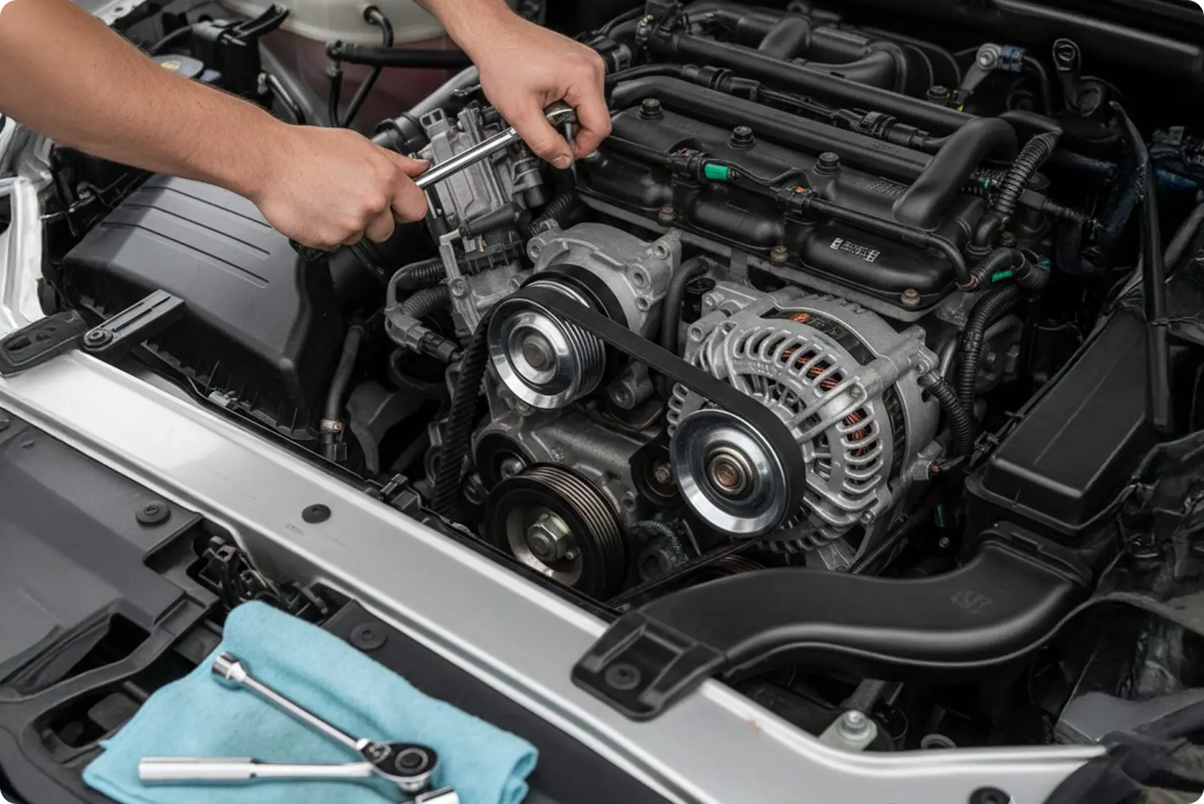 Professional worker replacing belts and hoses