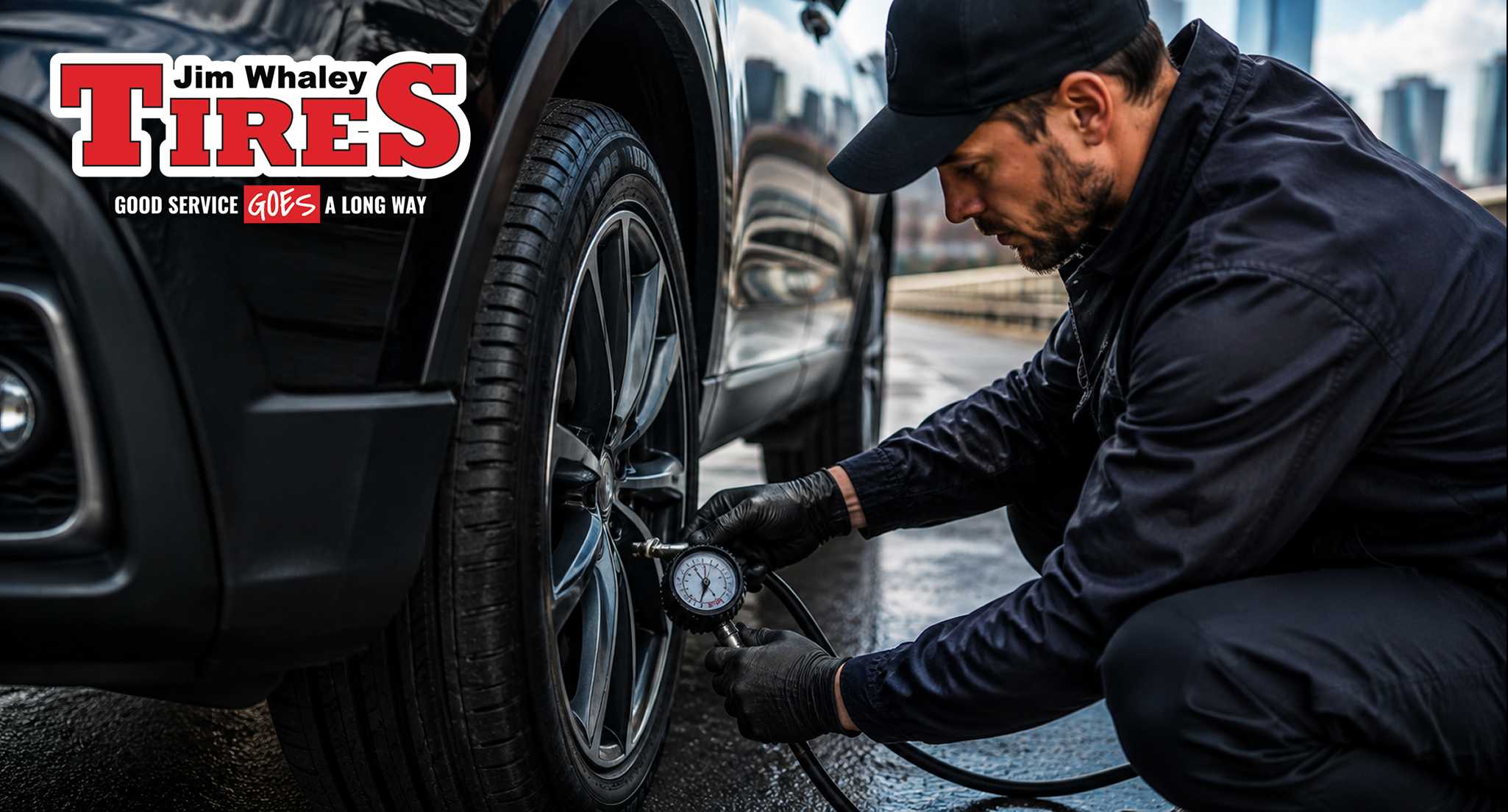 Technician performing tire maintenance for South Oates St commuters at Jim Whaley