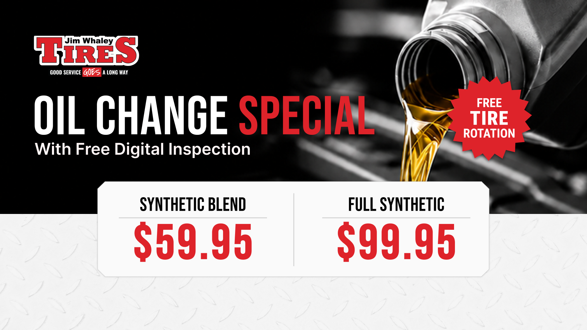 Jim Whaley Tires August Oil Change Special Offer service technician performing an oil change