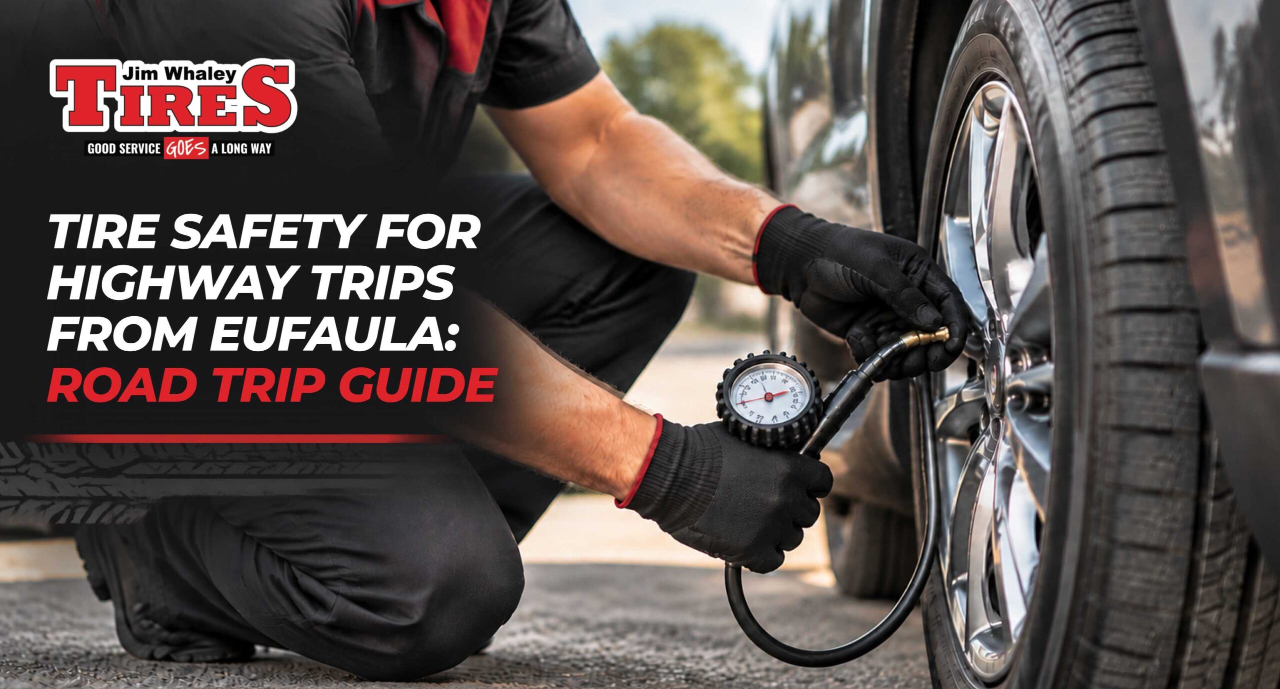 Technician performing a highway tire inspection before a road trip from Eufaula