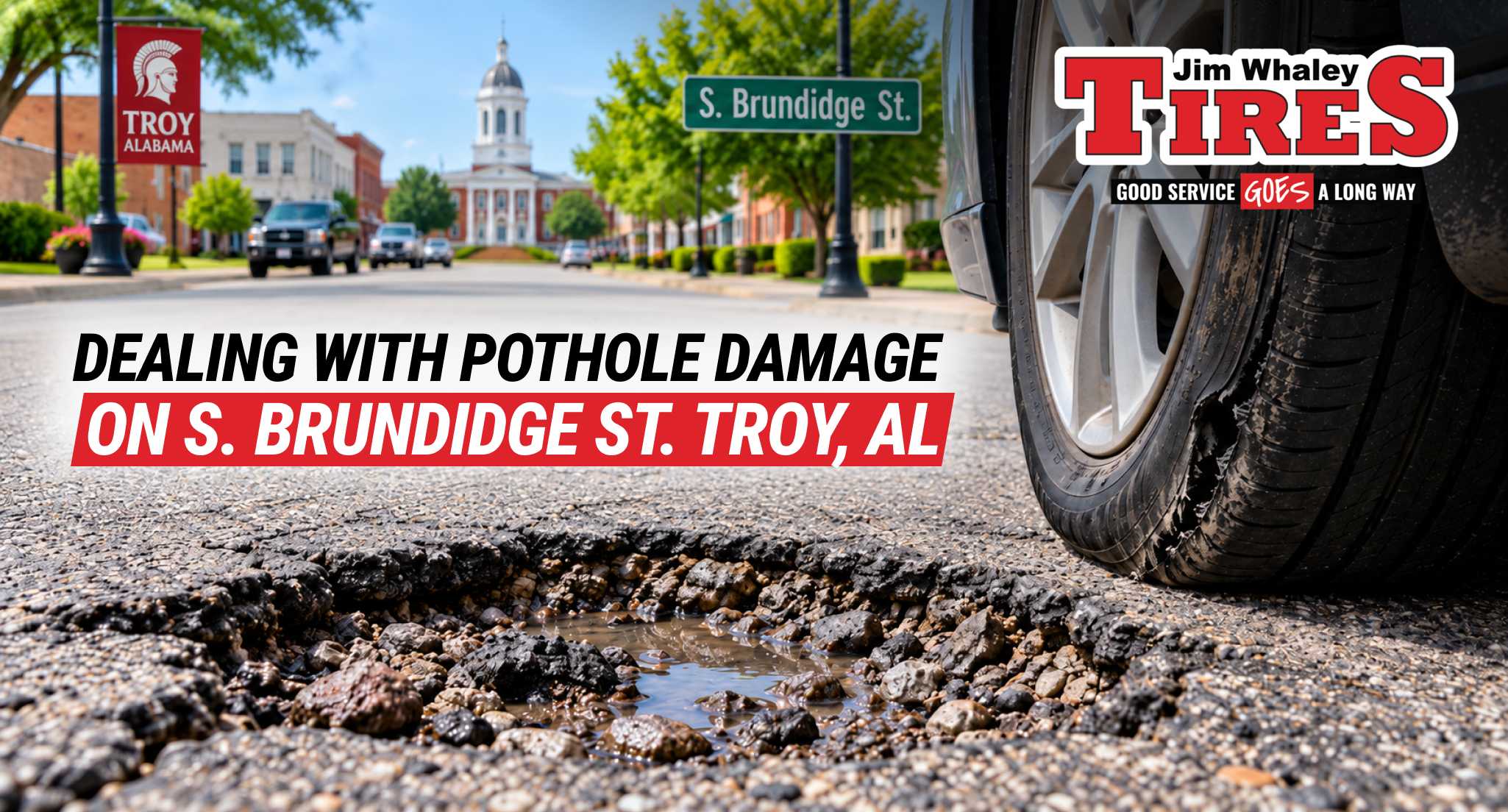 Pothole Damage on S. Brundidge St affecting a tire in Troy AL